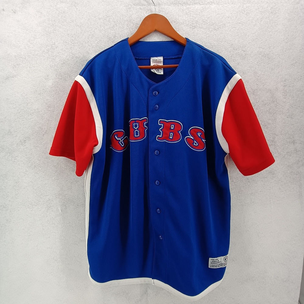 True Fan Mens Sz L Chicago Cubs MLB Baseball Jersey Blue Red Polyester Mesh